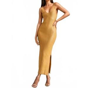 NEW ENDLESS BLU. women's oriana foil knit maxi dress in metallic gold